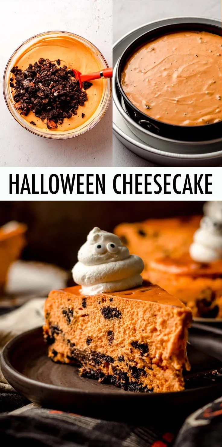Halloween Cookies and Cream Cheesecake topped with Halloween decorations