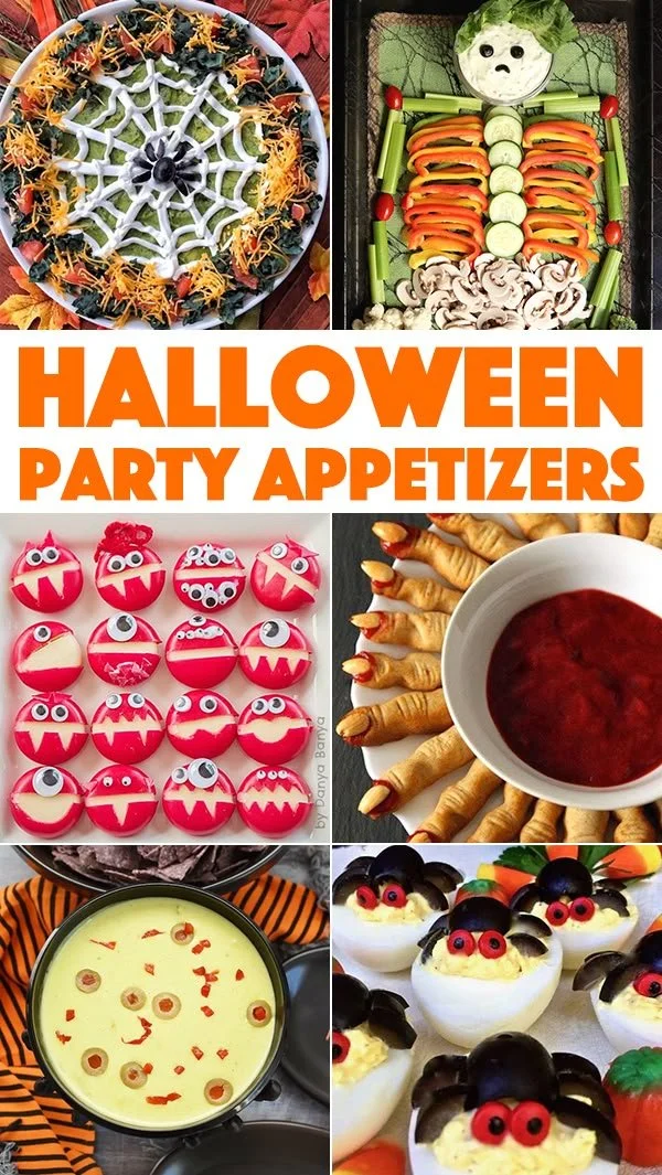 A festive platter of Halloween appetizers for a party celebration