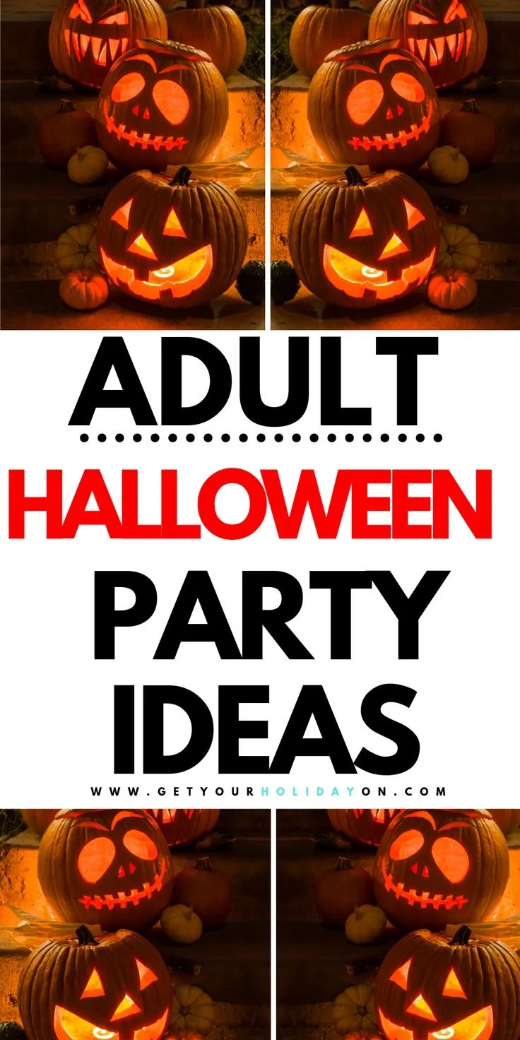 A festive Halloween party setup with decorations, costumes, and themed snacks for adults.