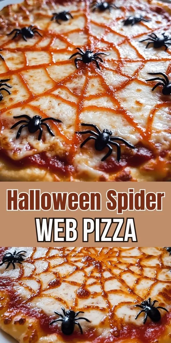 Halloween Spider Web Pizza decorated with cheese and spider-web design.