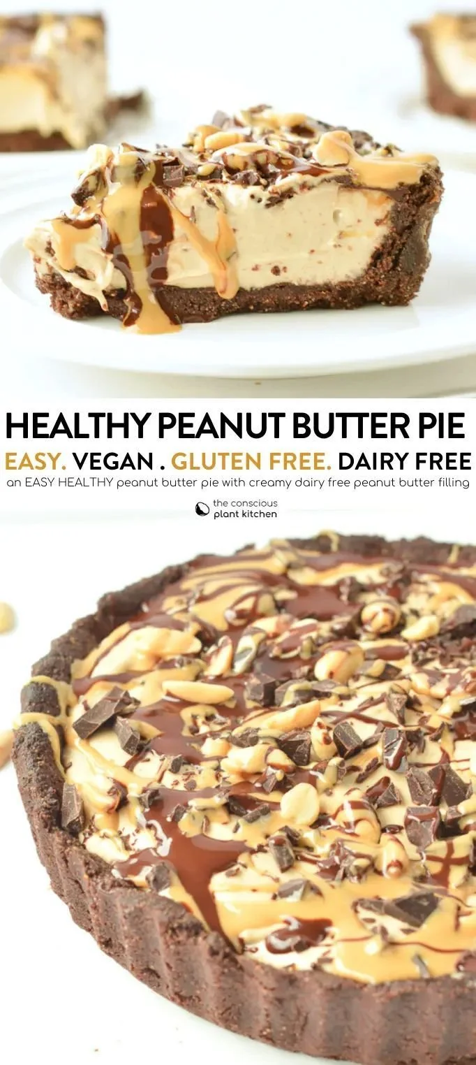 Healthy vegan peanut butter pie topped with chocolate drizzles and nuts.
