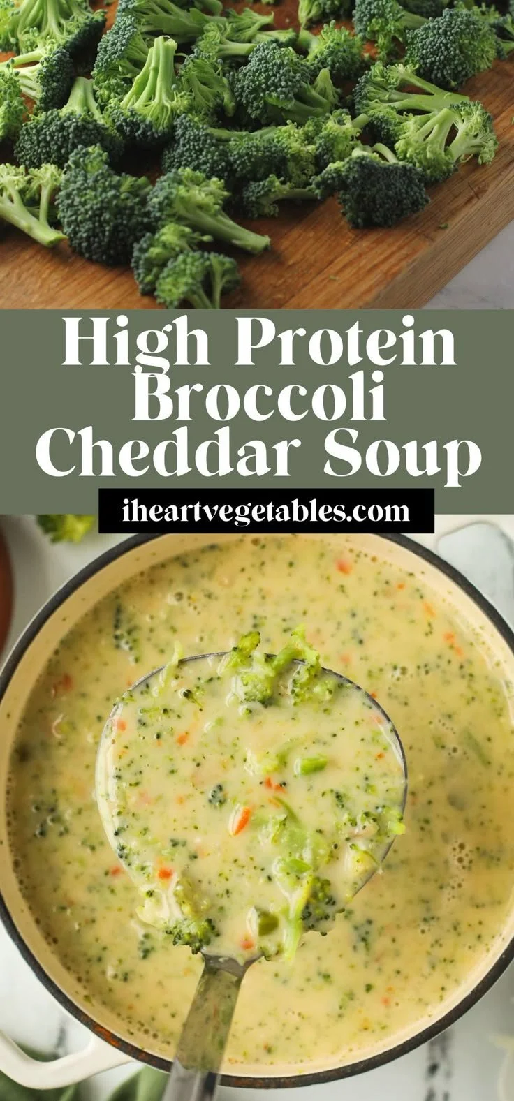 Bowl of high protein broccoli cheddar soup garnished with broccoli florets