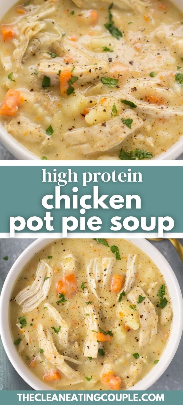 High protein chicken pot pie soup served in a bowl