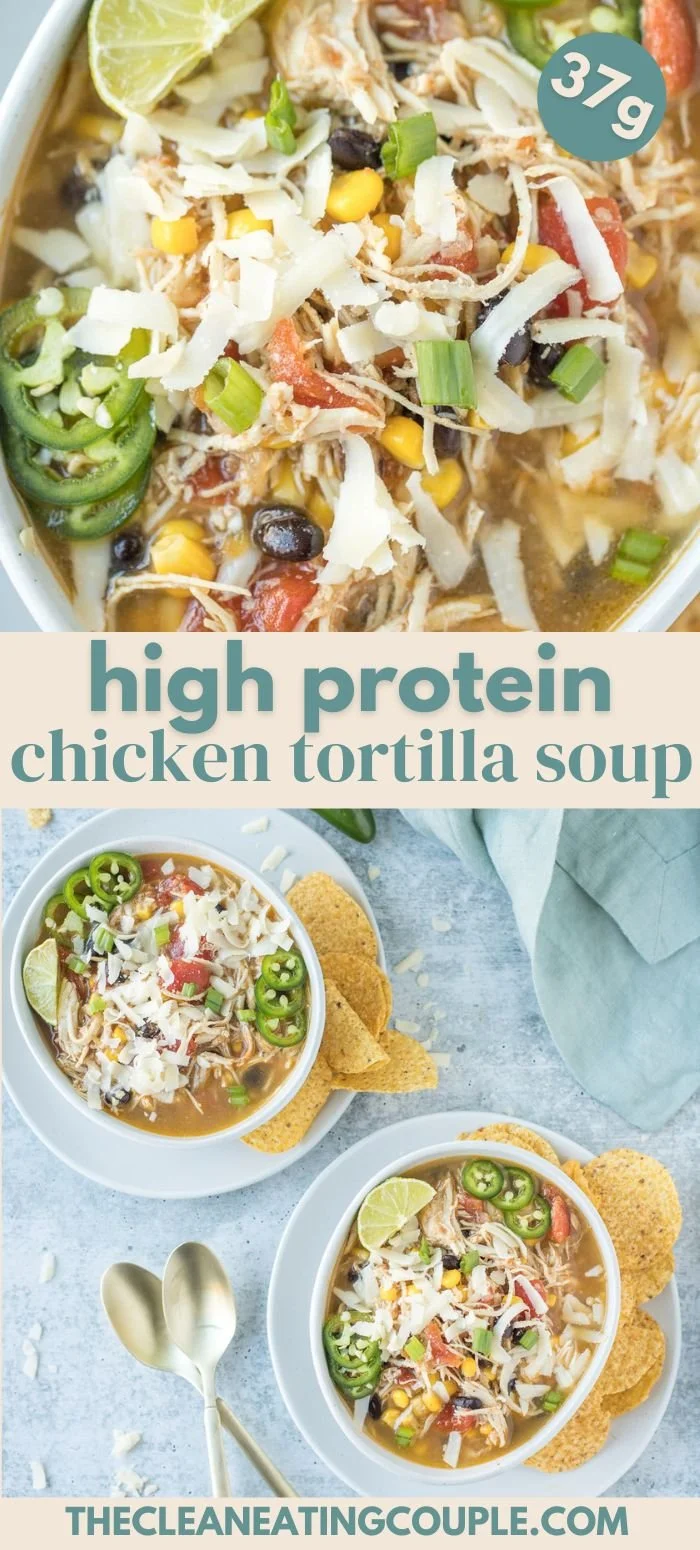 Bowl of high protein chicken tortilla soup garnished with tortilla strips and cilantro