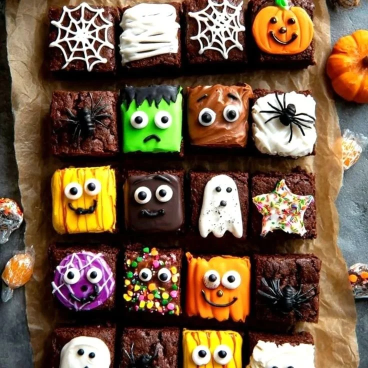 Delicious Halloween bites decorated with spooky themes and fall flavors.