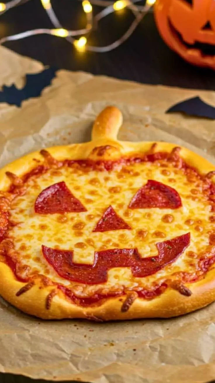 Festively shaped Jack o lantern pizza for Halloween celebrations