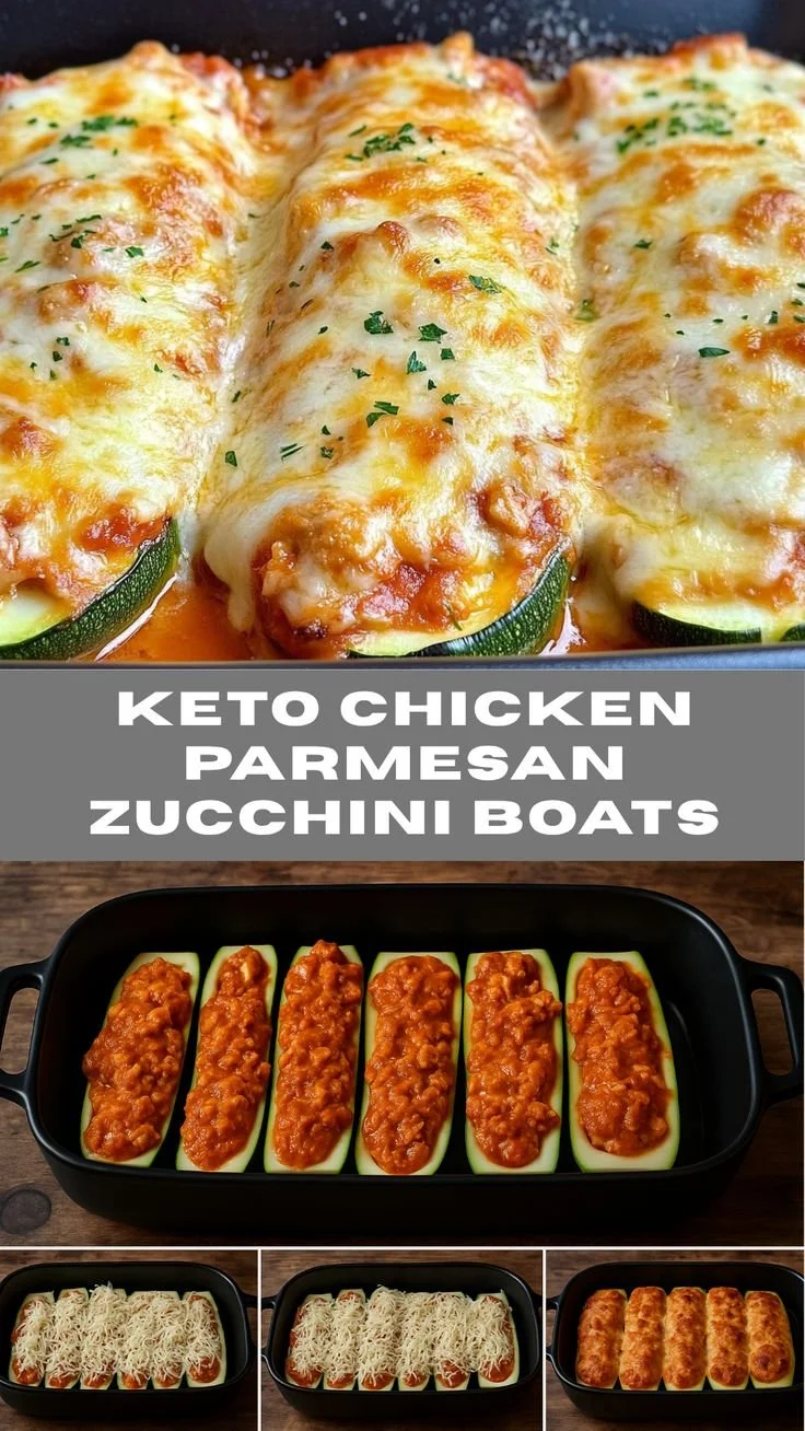 Keto Chicken Parmesan Zucchini Boats topped with melted cheese and herbs