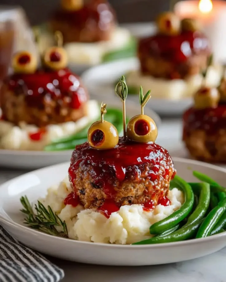 Mini Monster Meatloaf Halloween Dinner served on a decorative plate