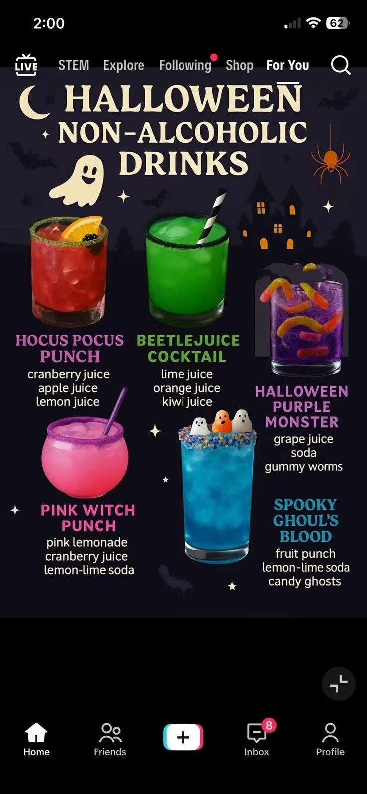 Colorful alcohol-free Halloween drinks for kids at a festive party table.
