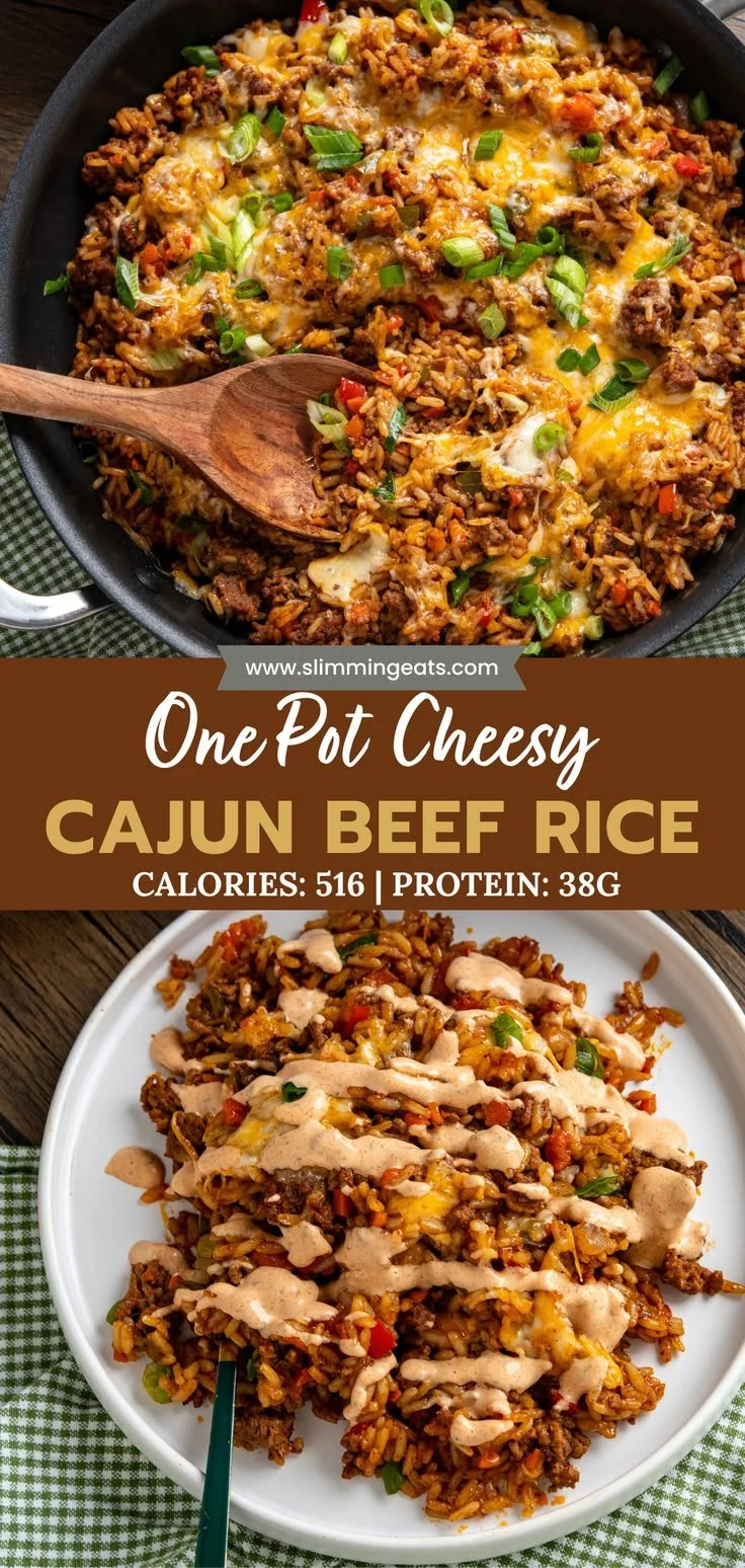 One Pot Cheesy Cajun Beef Rice with beef, rice, peppers, and Cajun seasoning