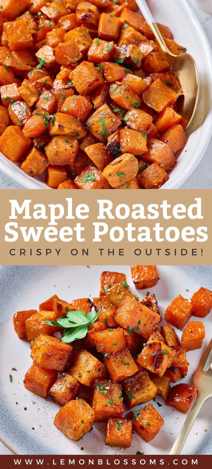 Oven roasted sweet potatoes garnished and ready to serve