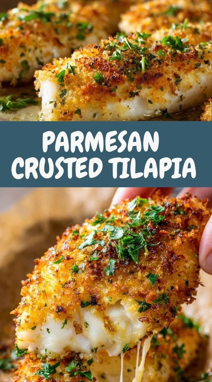 Delicious Parmesan Crusted Tilapia served with lemon and herbs