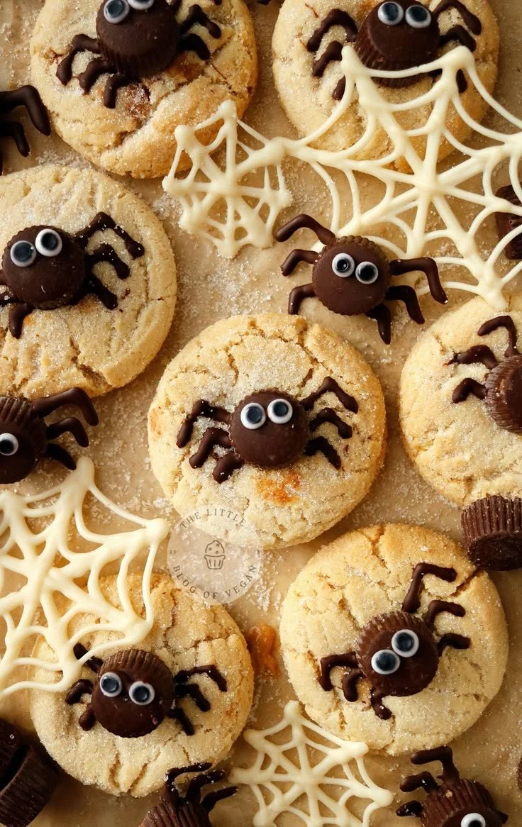 Peanut Butter Spider Cookies decorated with chocolate and candy eyes.