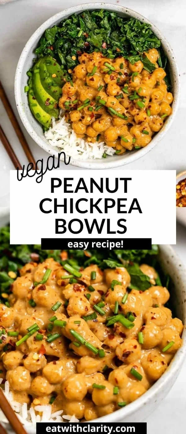 Bowl of Peanut Chickpea Veggie Buddha Bowls filled with colorful vegetables and grains