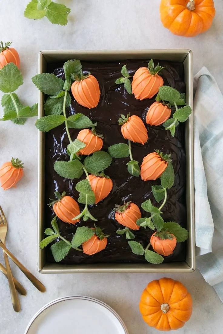 Delicious Pumpkin Patch Cake topped with fresh California strawberries.