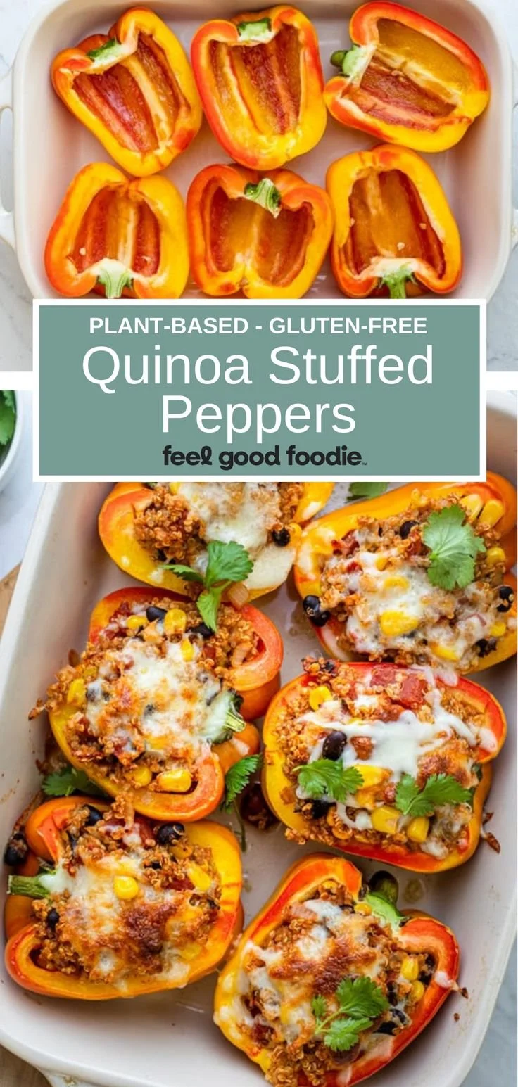 Colorful quinoa stuffed peppers filled with vegetables and spices