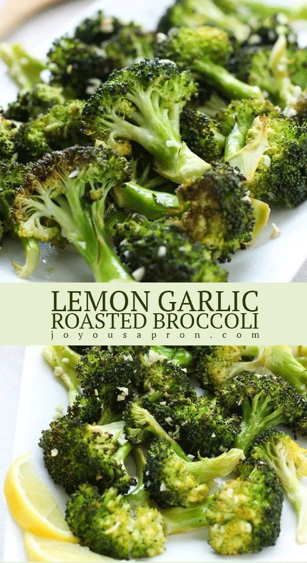 Roasted Lemon Garlic Broccoli served in a white bowl with a lemon slice.