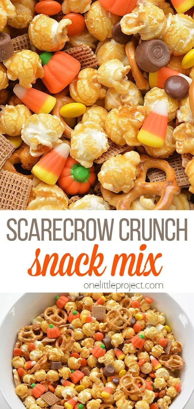 Halloween caramel corn snack mix with Scarecrow Crunch recipe