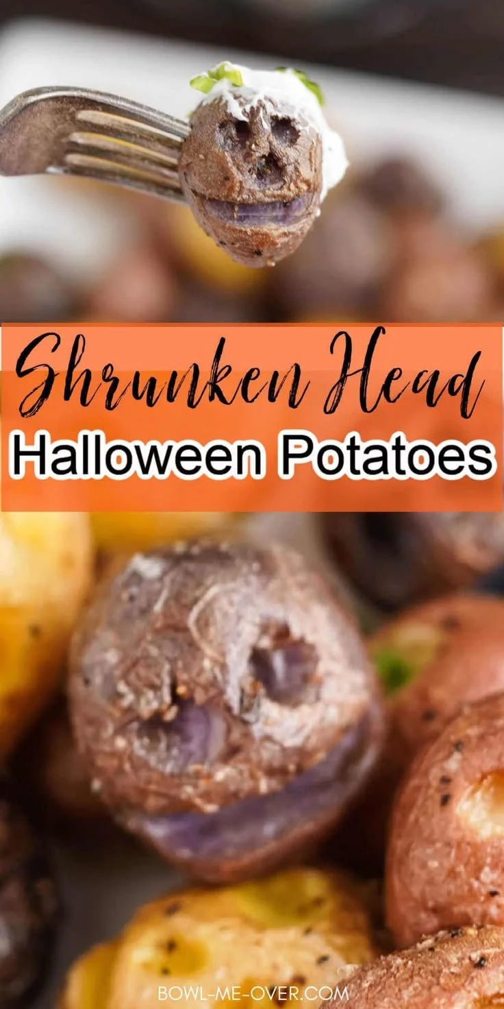 Spooky Halloween Potatoes shaped like shrunken heads for a festive treat.