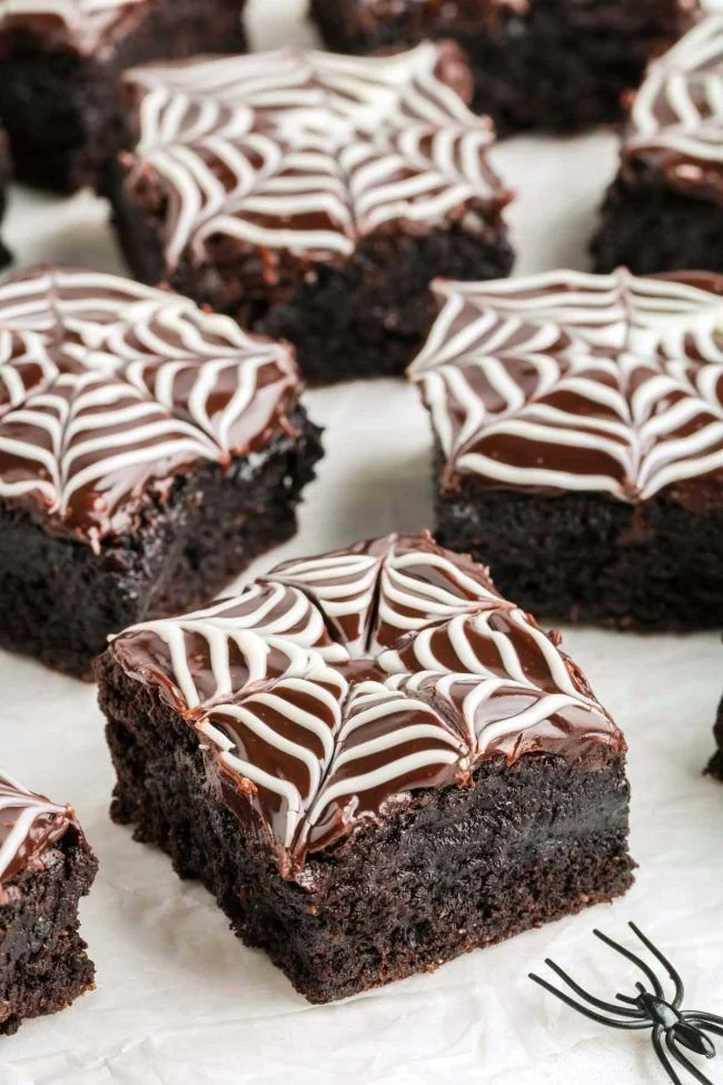 Delicious Spiderweb Brownies decorated for Halloween