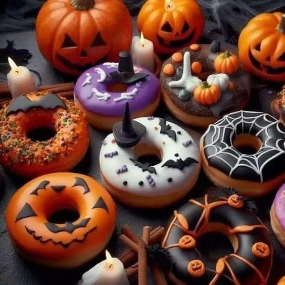 A selection of spooky Halloween donuts decorated for festive celebrations.