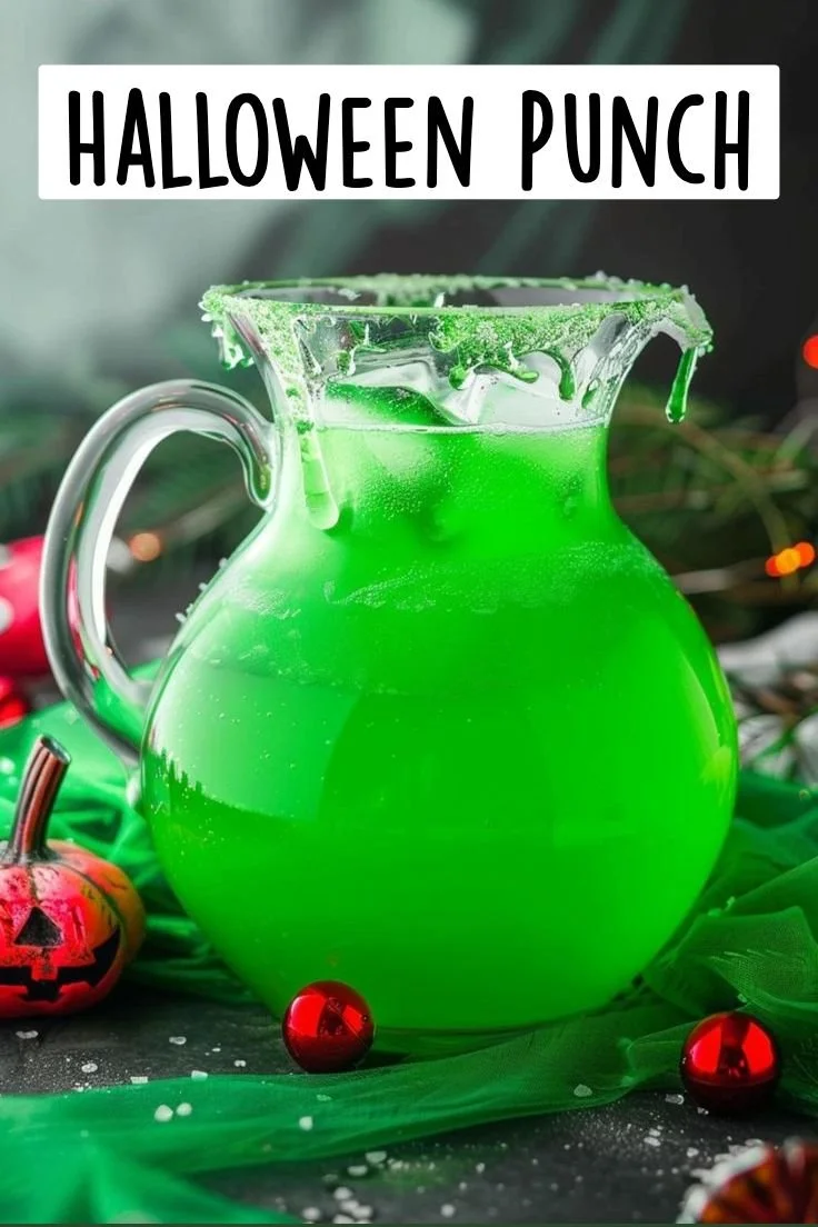 Spooky Halloween Party Punch in a spooky themed glass with fruit and bubbles