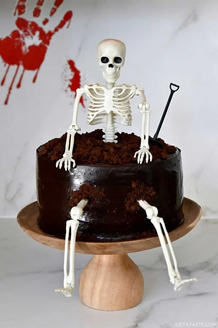 Spooky skeleton cake decorated for Halloween party dessert