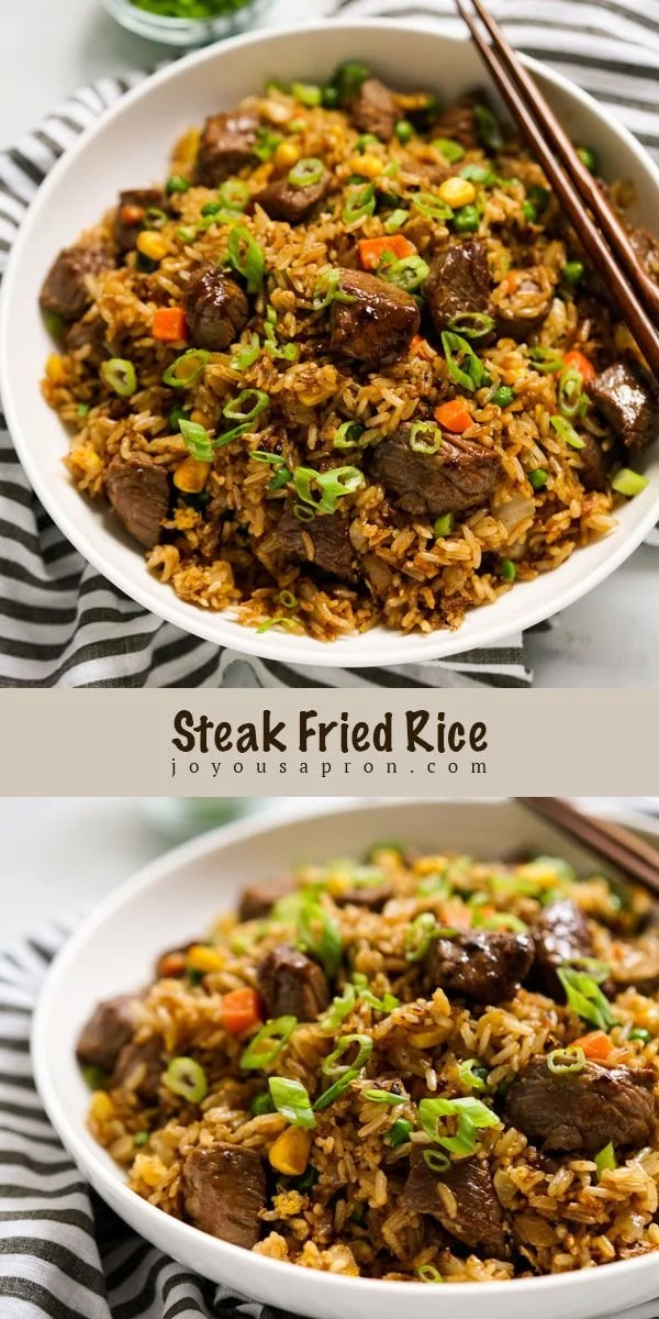 Delicious steak fried rice with beef and vegetables on a plate