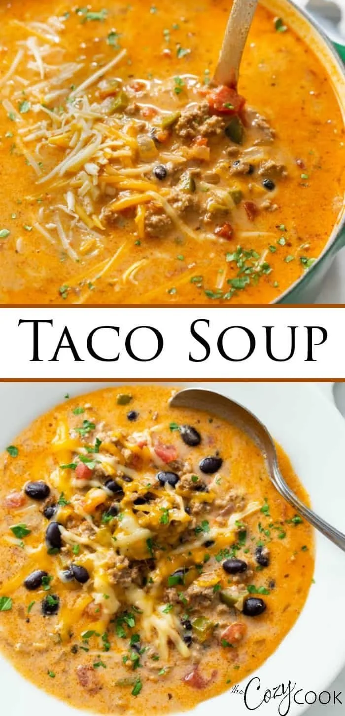 Delicious cheesy taco soup recipe with ground beef made on Stove Top or Crock Pot.