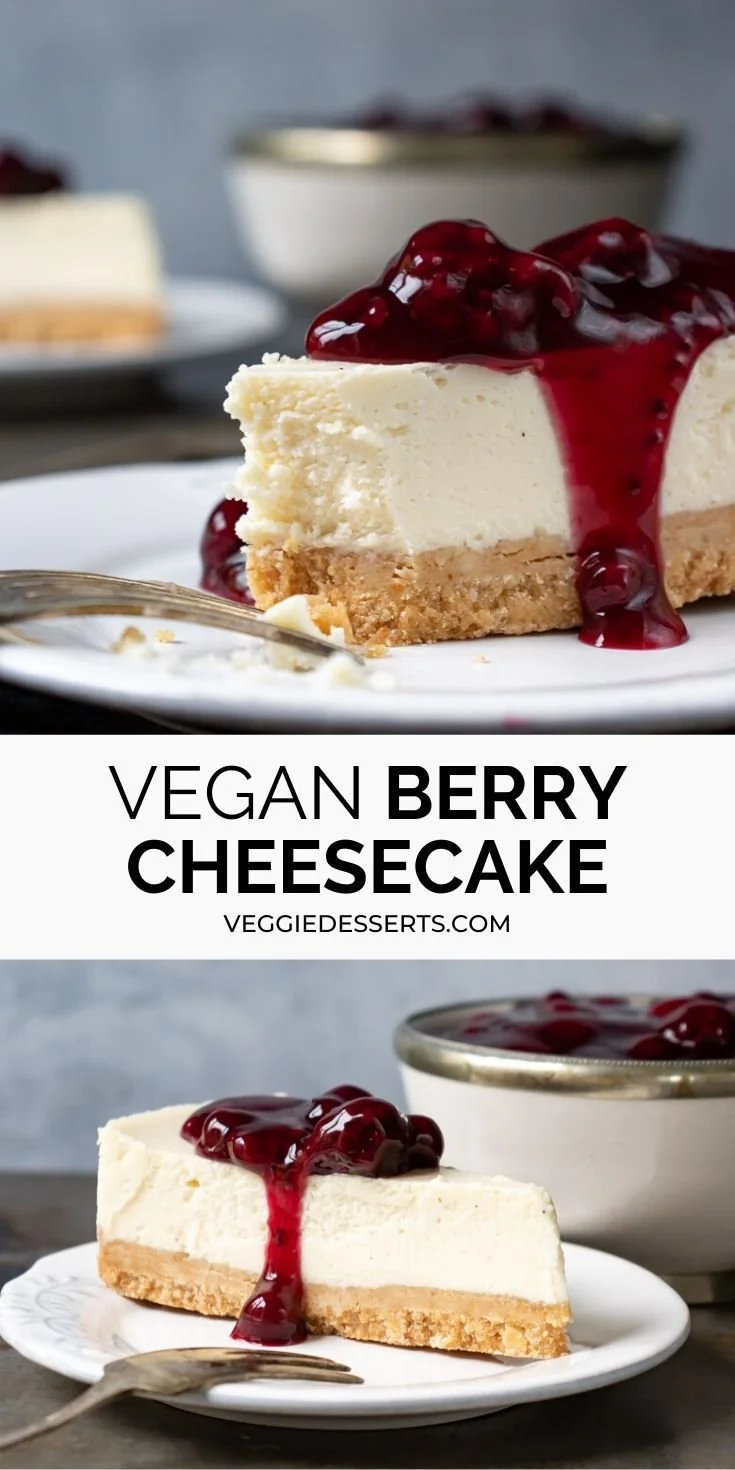 Delicious vegan berry cheesecake topped with fresh berries and mint