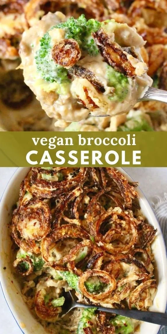 Vegan broccoli casserole served in a dish, garnished with herbs.