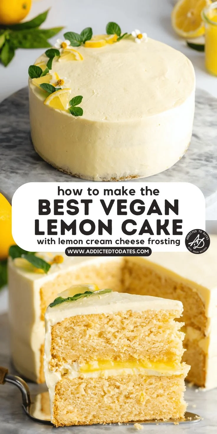 Vegan lemon cake with lemon cream cheese frosting on a white plate