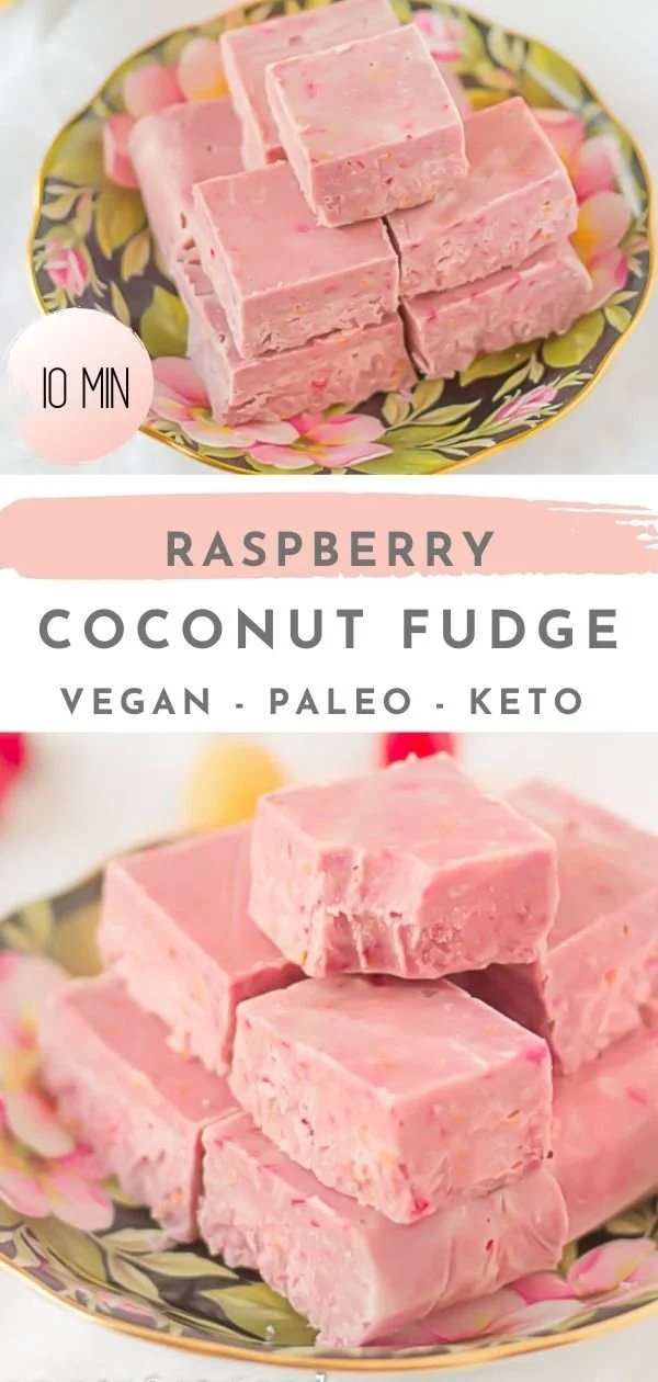 Delicious vegan raspberry coconut fudge, sugar-free, keto, and paleo-friendly dessert.