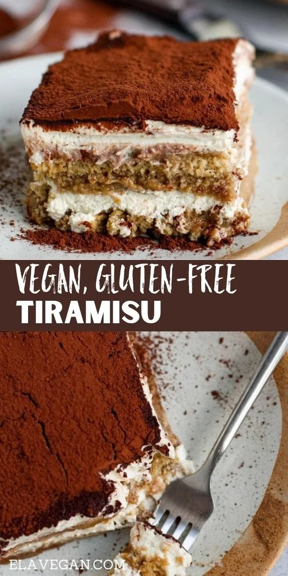 Delicious vegan tiramisu dessert topped with cocoa powder and coffee.