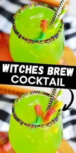 Witches Brew cocktail with eerie garnishes in a spooky glass.