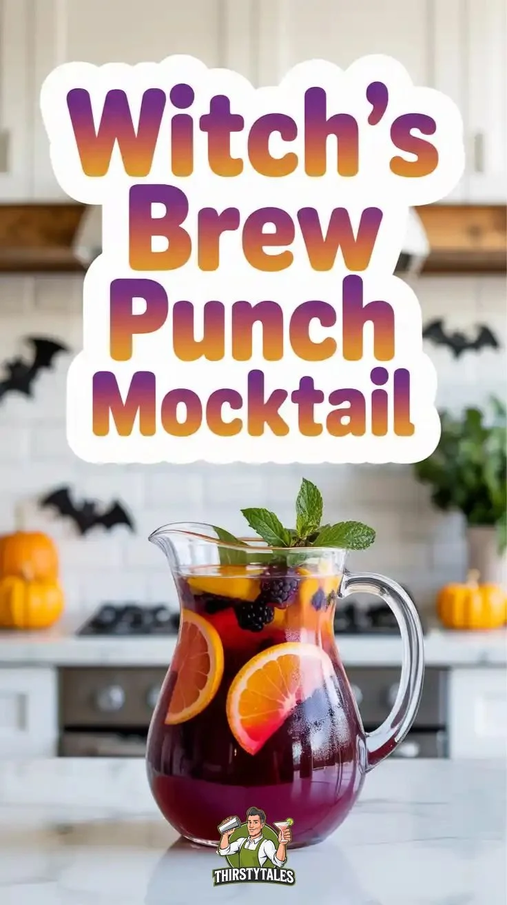 A spooky Witch's Brew Punch mocktail served in a cauldron with decorative garnishes