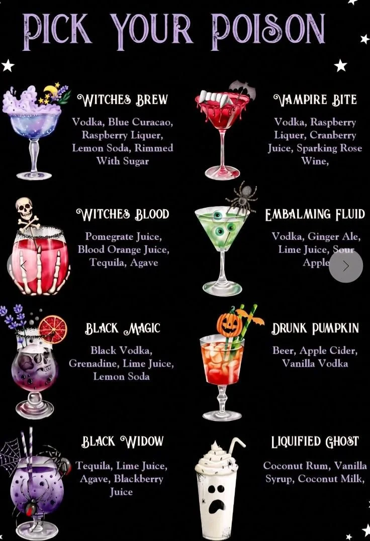 Spooky Halloween cocktails with creative witchy and vampire names for parties